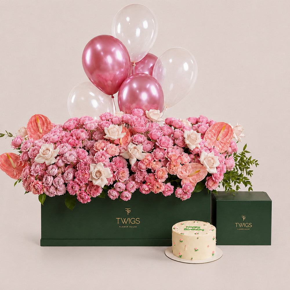 Blush Birthday Garden Bundle in green box - Garden box with Juliet and Quicksand roses, 1kg floral birthday cake, and pink and white chrome balloons - TWIGS Flower House Dubai