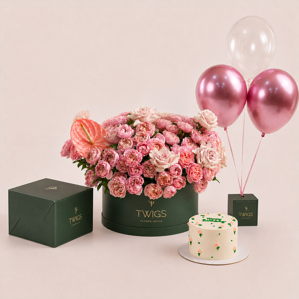 Blush Birthday Bundle in green box - Grande rose box with Juliet and Quicksand roses, 1kg floral birthday cake, and pink chrome balloons - TWIGS Flower House Dubai