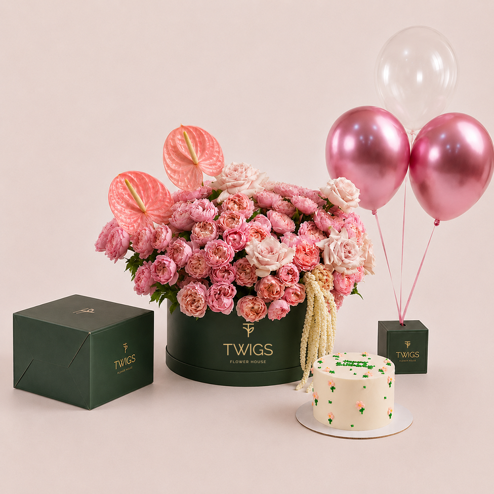 Blush Birthday Bundle · Grande Rose Box, Floral Cake & Balloons