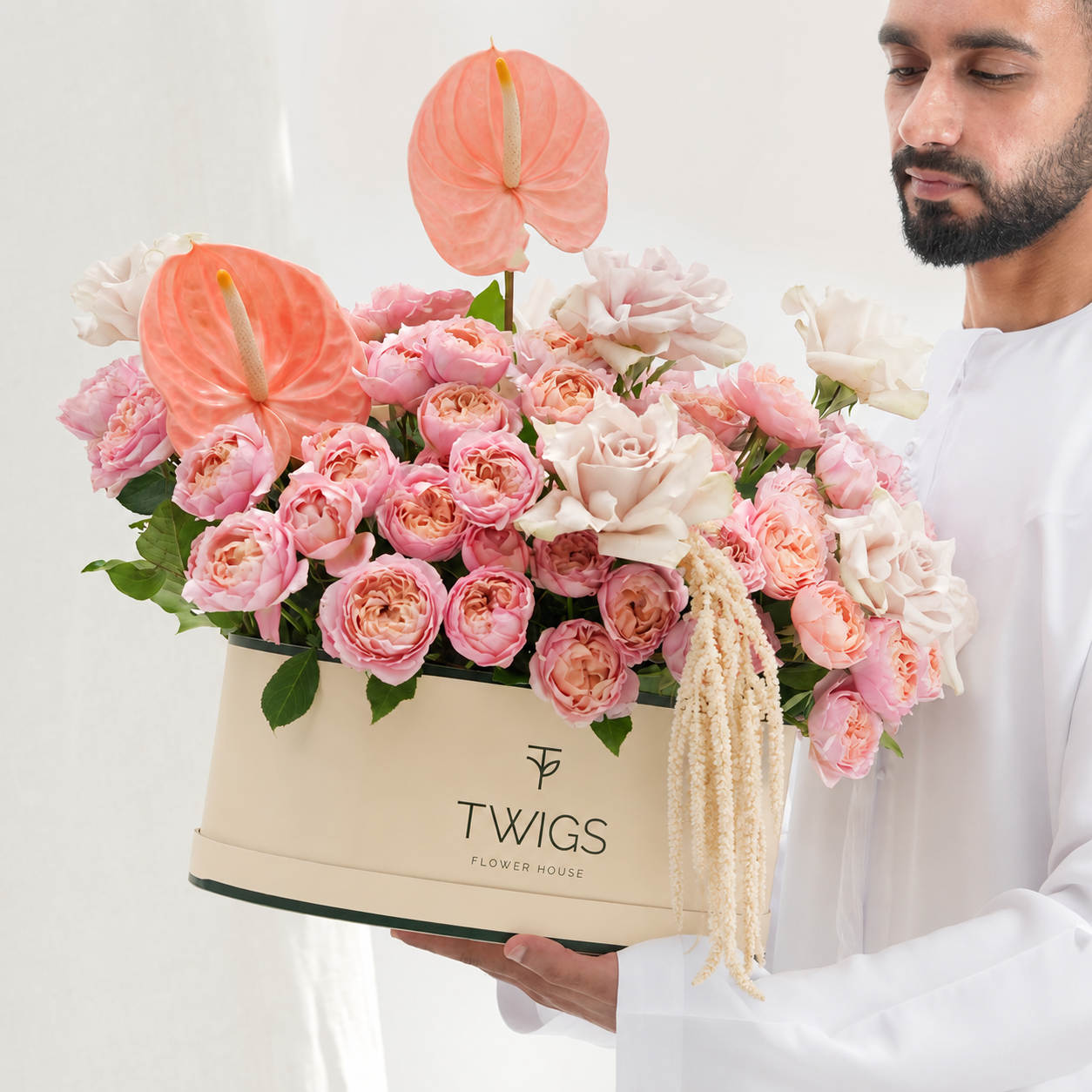Thuraya ثريا & Chocolates Grande Round Flower Box · Juliet & Quicksand Roses · TWIGS 32-Piece Premium Chocolate Box.