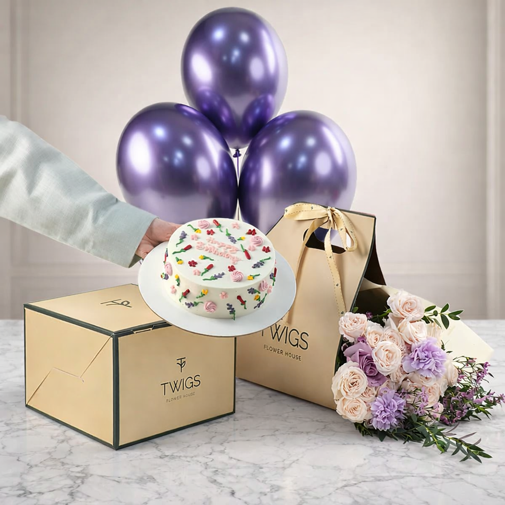 Birthday cake and bouquet of flowers with purple balloons