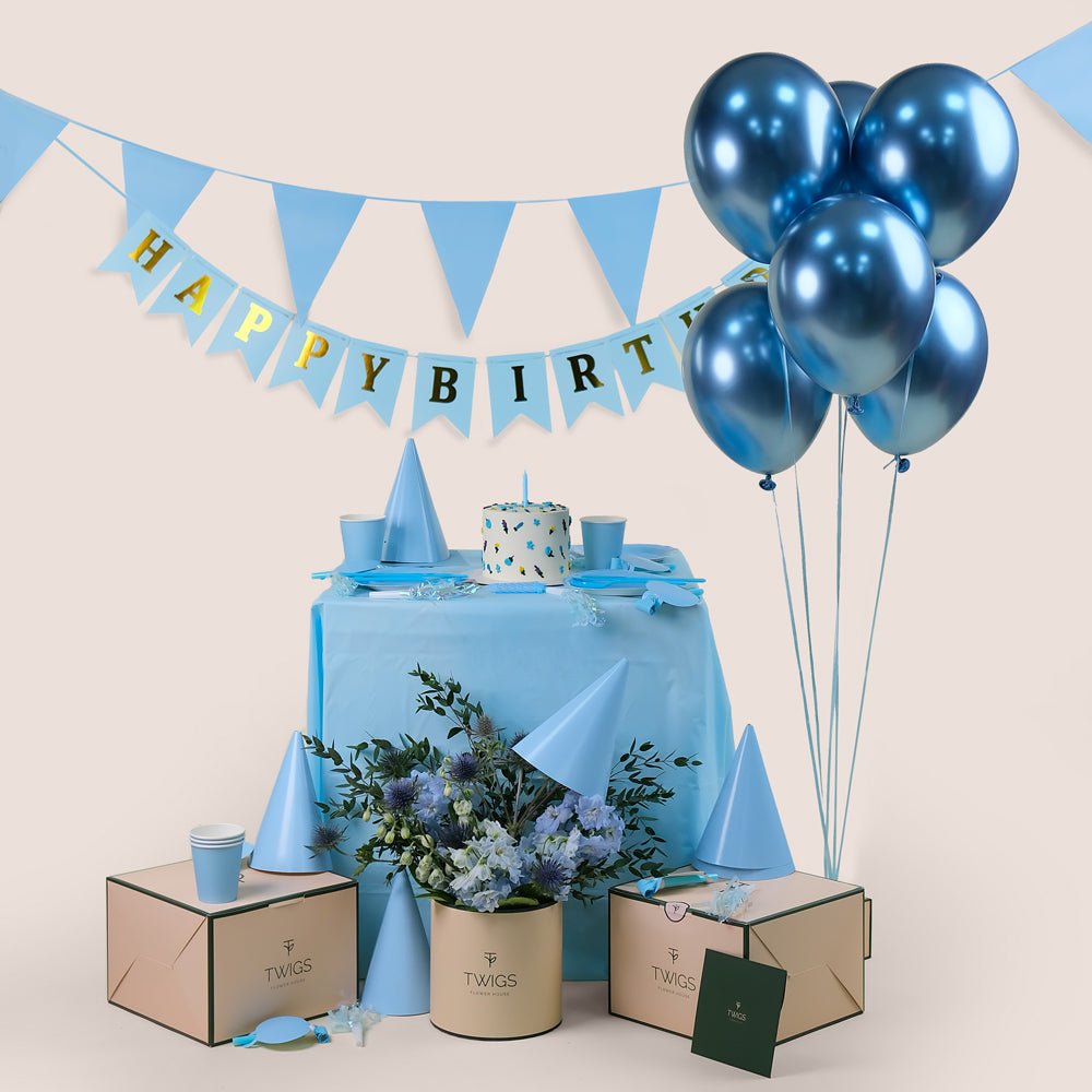 Blue Celebration Deluxe Round Box – A Complete Birthday Set for an Elegant and Fun Celebration