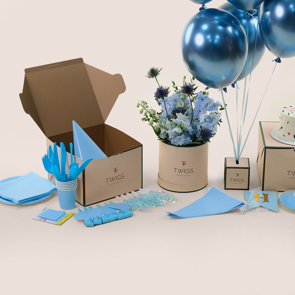 Blue Celebration Deluxe Round Box – A Complete Birthday Set for an Elegant and Fun Celebration