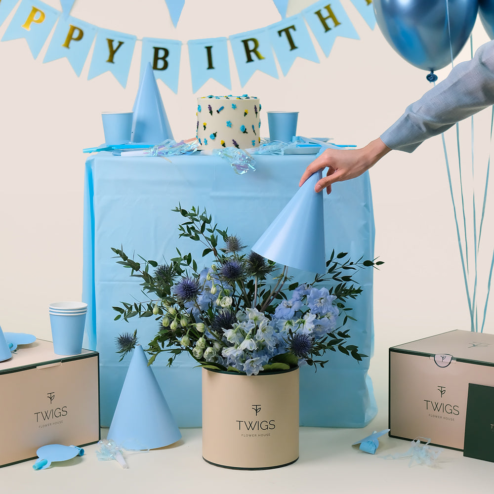 Blue Celebration Deluxe Round Box – A Complete Birthday Set for an Elegant and Fun Celebration