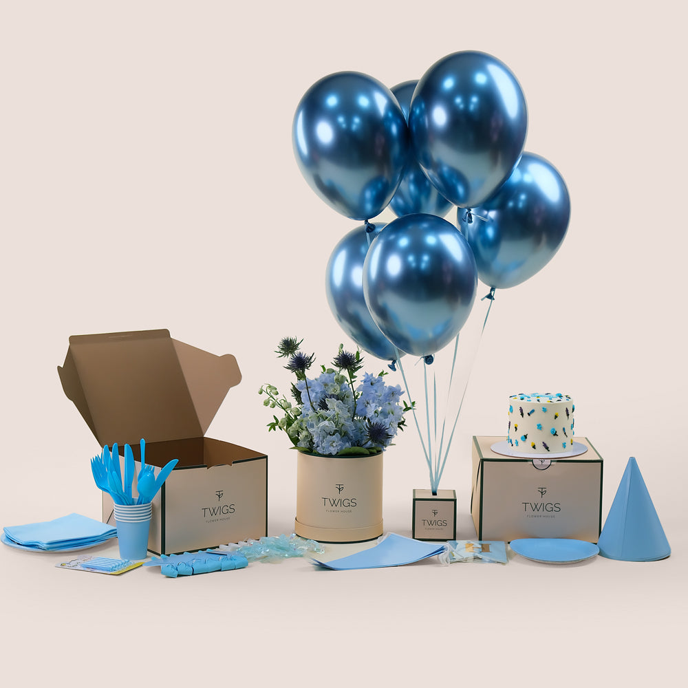 Blue Celebration Deluxe Round Box – A Complete Birthday Set for an Elegant and Fun Celebration