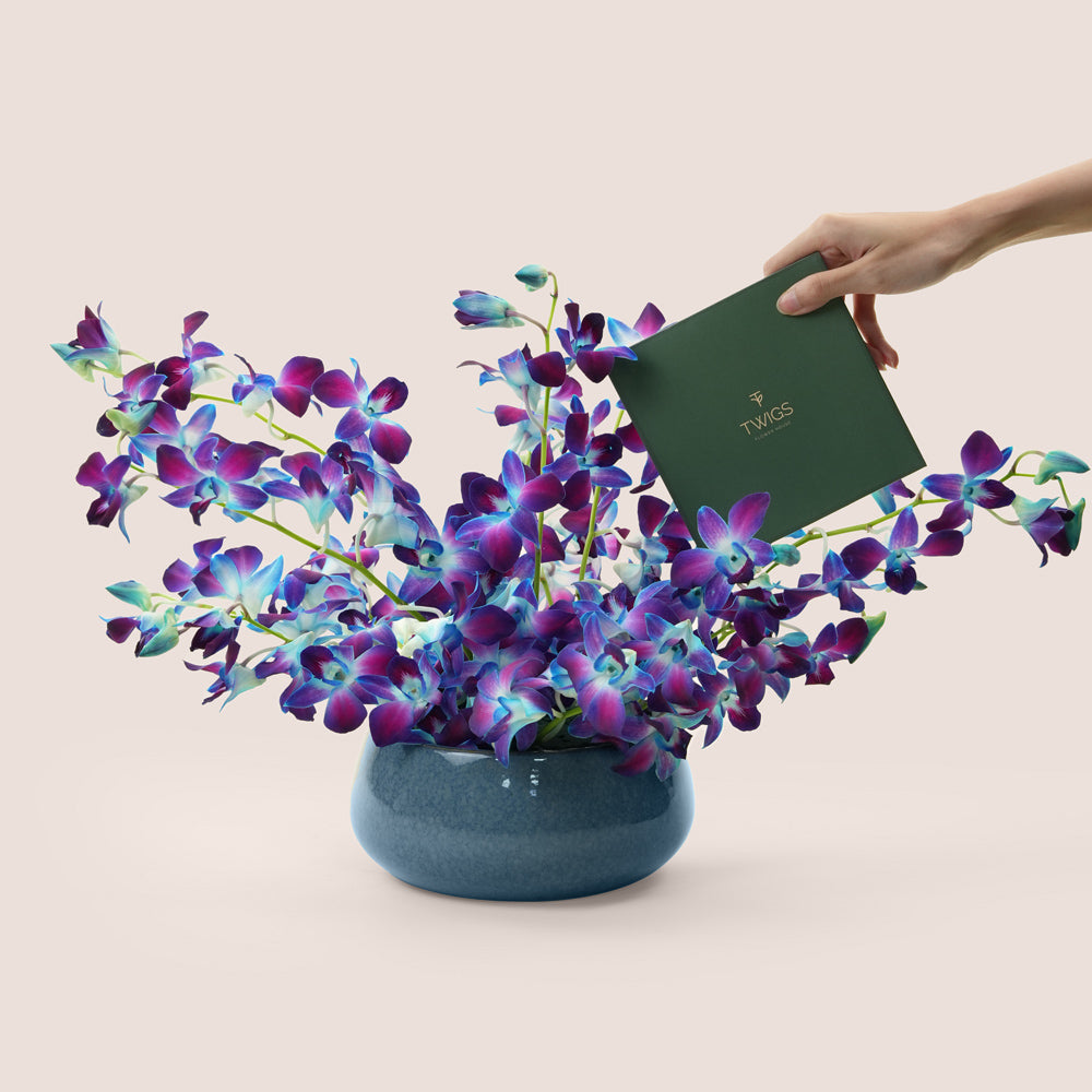 Blue dendrobium orchid ceramic vase — Eid Al Adha luxury gift set Dubai