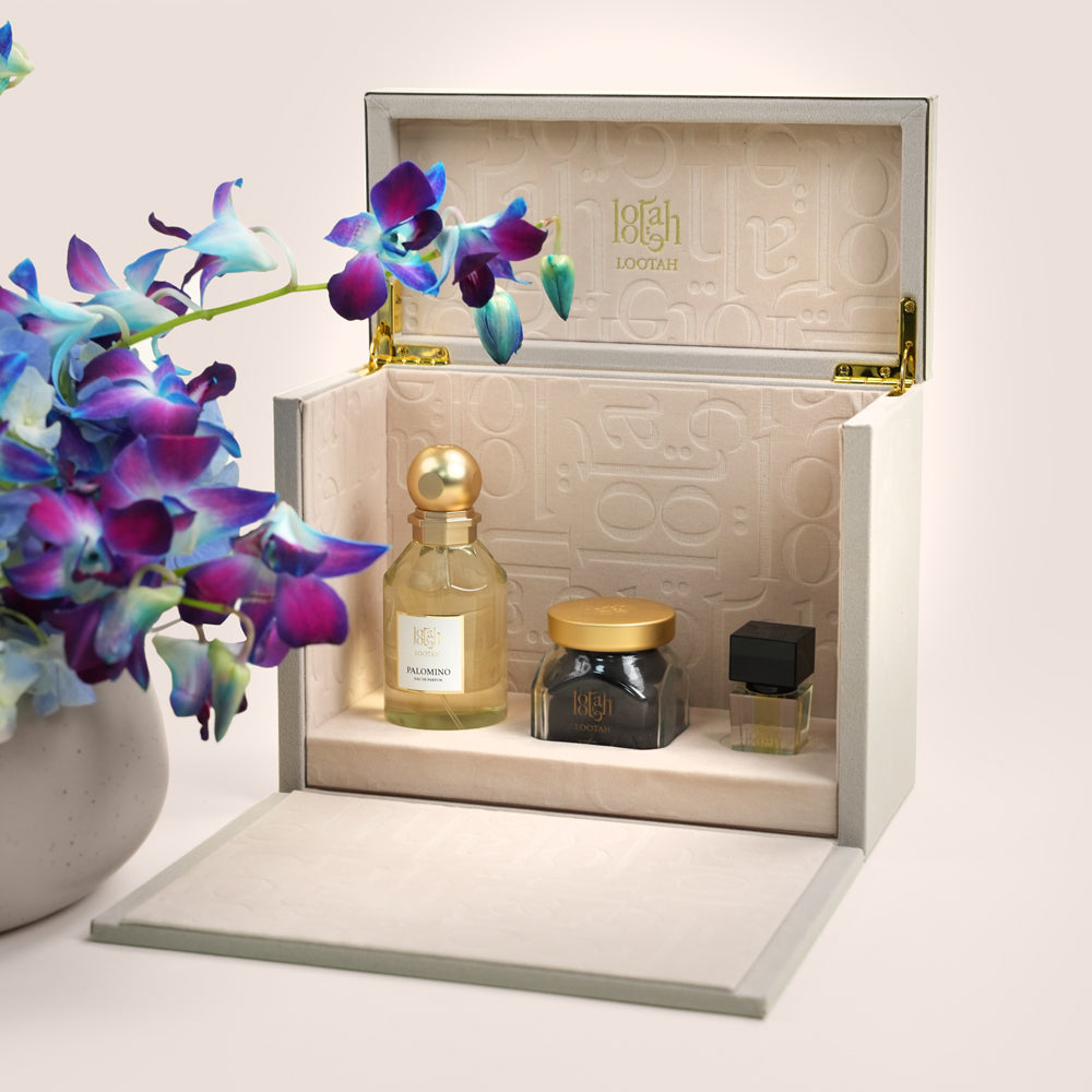 Mawj موج & Lootah Blue Orchid & Hydrangea Ceramic Vase · Lootah Fragrance Gift Set