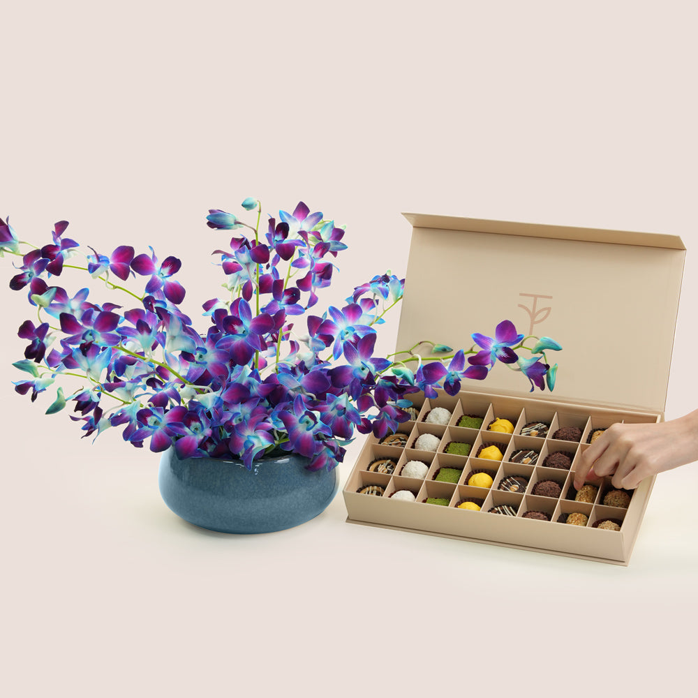 TWIGS Bahar blue orchid teal vase and premium petite fours assortment — same-day Eid gift delivery UAE