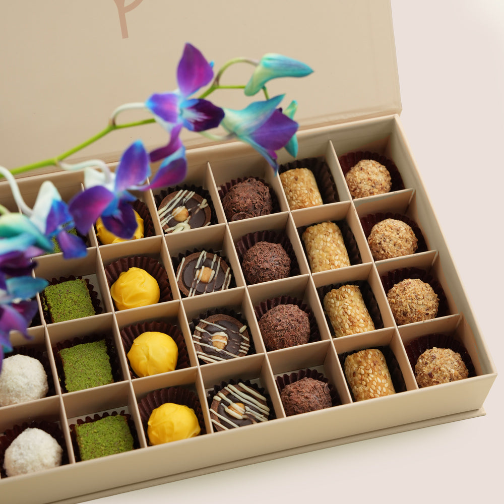 Bahar & Truffles Blue Orchid Ceramic Vase · Premium Truffles & Petite Fours · Eid Al Adha Gift Set