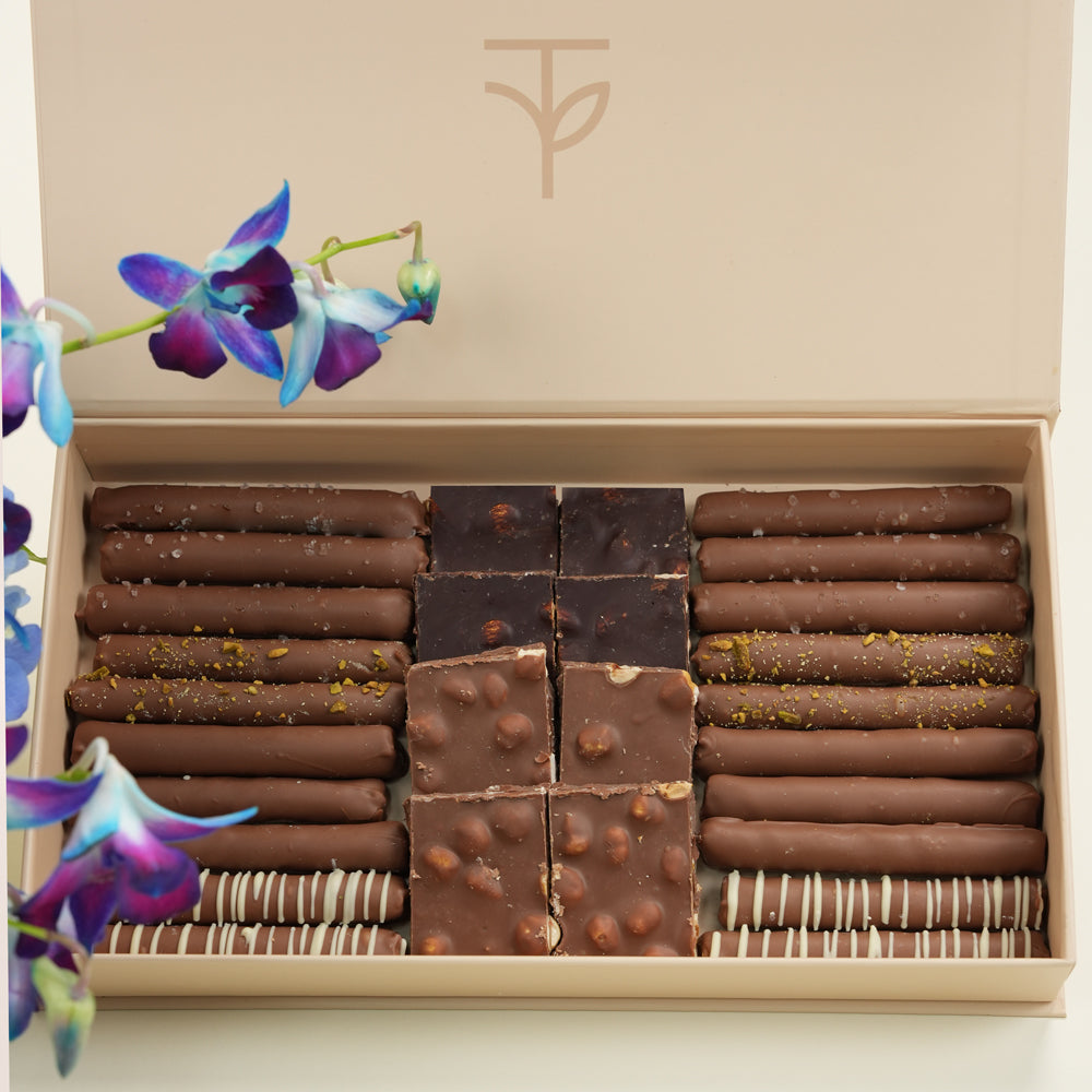Mawj موج & Sweets Blue Orchid & Hydrangea Grey Ceramic Vase · Artisan Chocolate Box