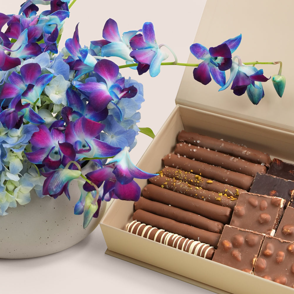 TWIGS Mawj blue orchid grey ceramic vase and artisan chocolate flutes — same-day Eid gift delivery UAE