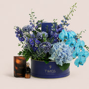 Blue Hour Grande navy round TWIGS flower box with Silky Oud perfume by Lootah Perfumes