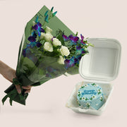 Blue orchid and white rose mini bouquet with blue chocolate birthday bento cake — birthday delivery Dubai