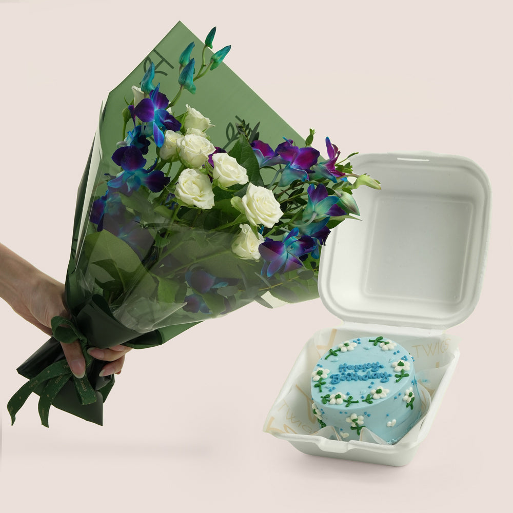 Blue orchid and white rose mini bouquet with blue chocolate birthday bento cake — birthday delivery Dubai