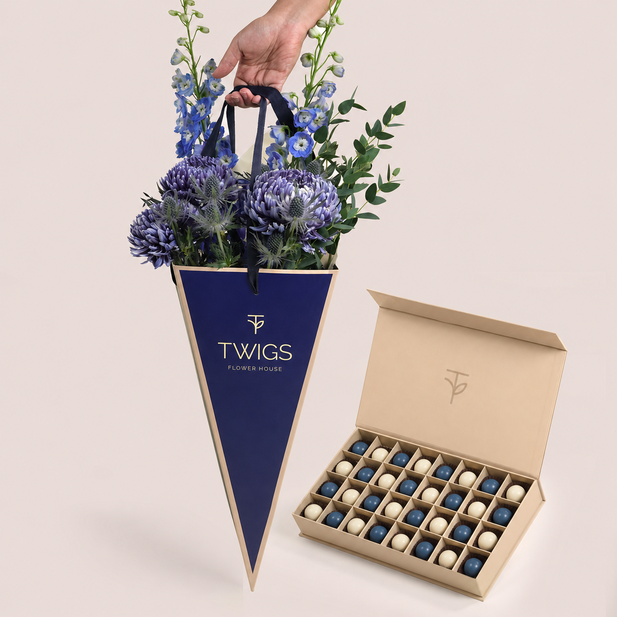 Indigo Carry & Chocolate · Blue Flower Cone Bag and Chocolate Box · Gift for Him Dubai