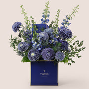 Indigo — blue delphiniums, chrysanthemums and eryngiums in a TWIGS navy square box, Father's Day blue flower arrangement Dubai