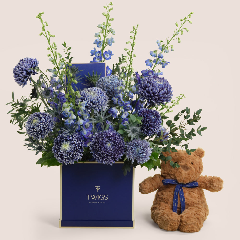 Indigo & Bear — blue delphiniums, chrysanthemums and eryngiums in a TWIGS navy square box with classic TWIGS teddy bear with blue ribbon, Father's Day gift Dubai