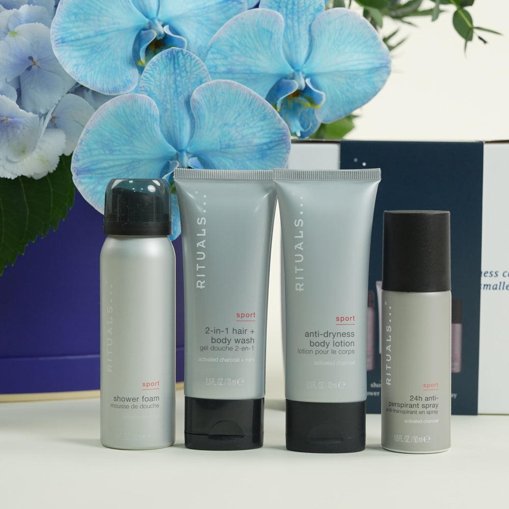 Blue Hour Ritual — blue delphiniums, chrysanthemums, hydrangeas and phalaenopsis orchids in a TWIGS navy round box alongside Rituals Homme Gift Set, Father's Day Dubai