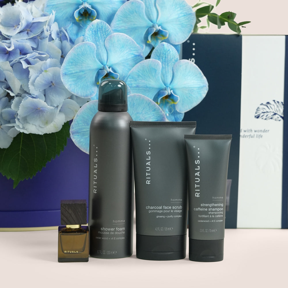 Blue Hour Ritual — blue delphiniums, chrysanthemums, hydrangeas and phalaenopsis orchids in a TWIGS navy round box alongside Rituals Homme Gift Set, Father's Day Dubai