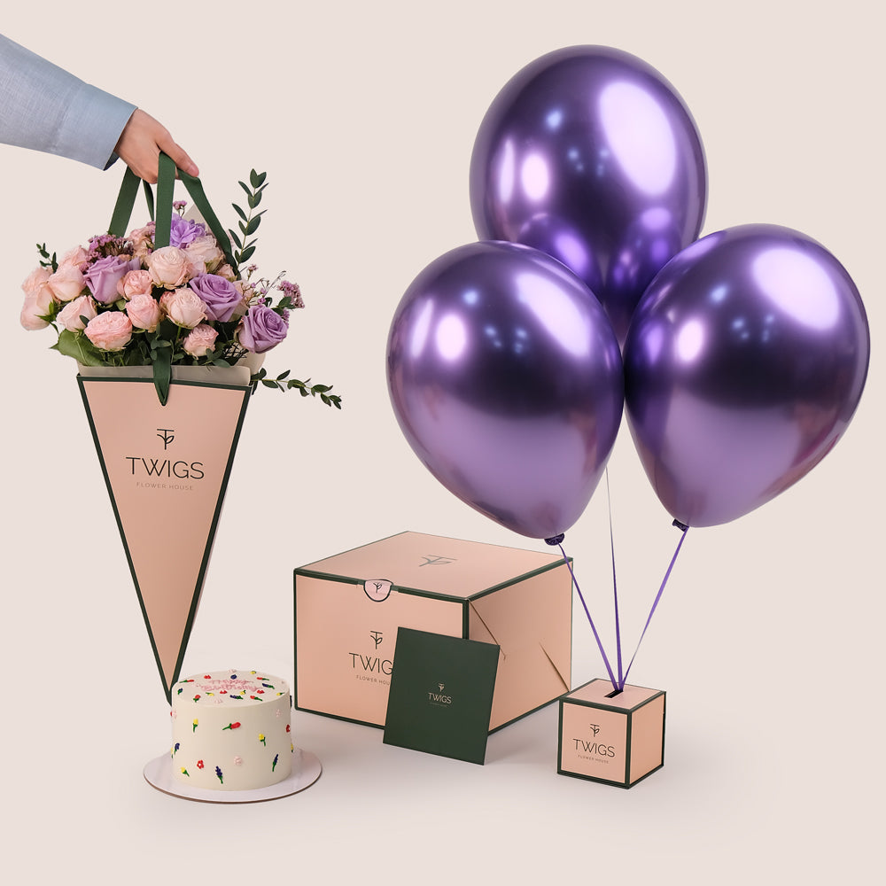 Pastel Purple Birthday Bundle – Flowers, Cake & Balloons – A Stylish Celebration Gift