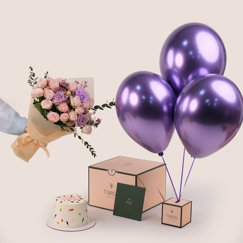 Pastel Purple Birthday Bundle – Flowers, Cake & Balloons – A Stylish Celebration Gift