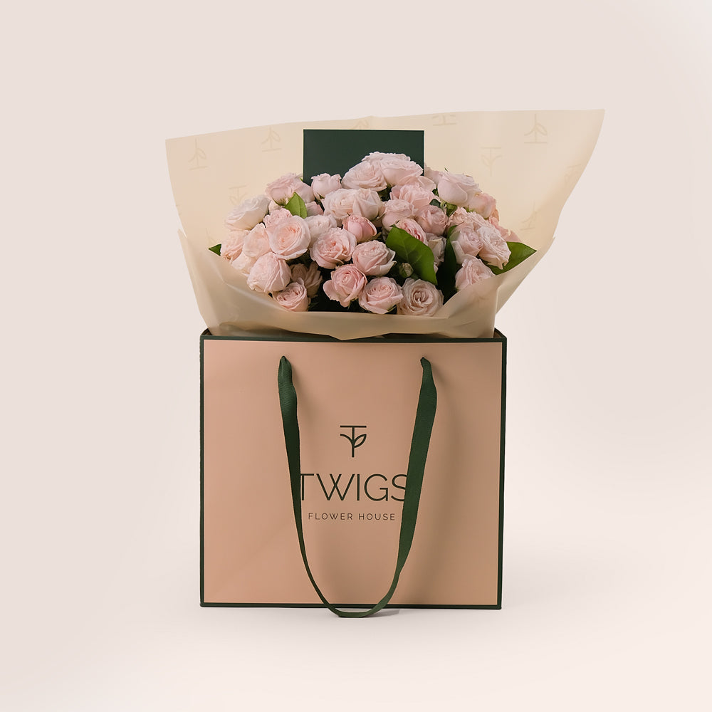 Bombastic Spray Roses Hand-Tied Flower Bouquet – Soft Elegance in Our Signature TWIGS Bag