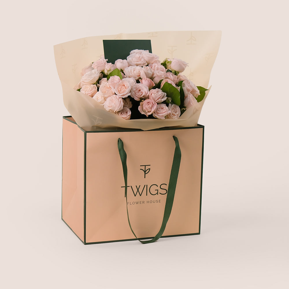 Bombastic Spray Roses Hand-Tied Flower Bouquet – Soft Elegance in Our Signature TWIGS Bag