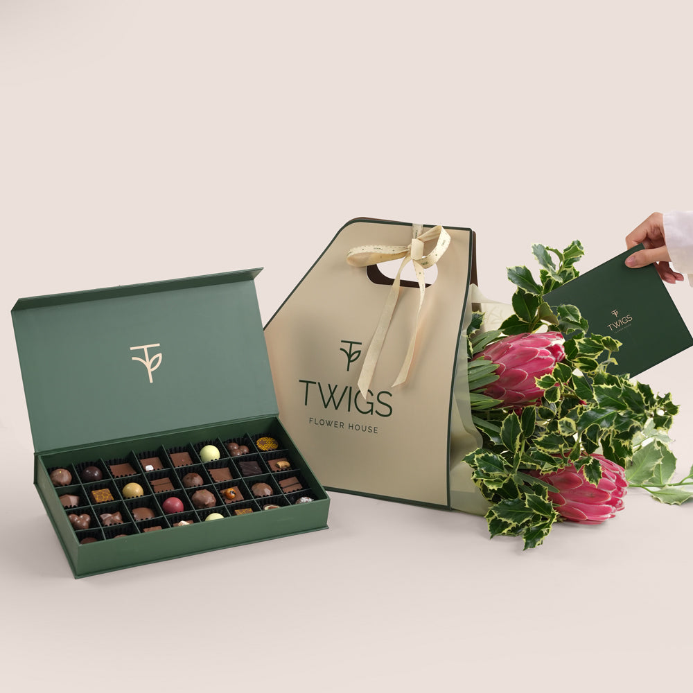 TWIGS green box of chocolates with  flower bouquet
