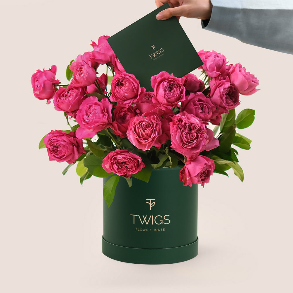 Juliet Elegance Flower Box – All Cerise Roses in Deluxe Round Box