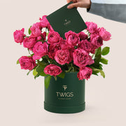 Juliet Elegance Flower Box – All Cerise Roses in Deluxe Round Box