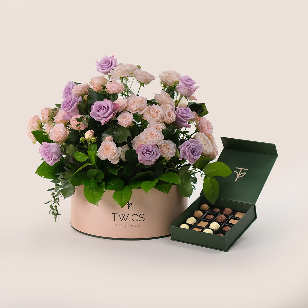 Violet Hues Mother's Day Flower Box & Artisan Chocolate – Grande Floral Indulgence