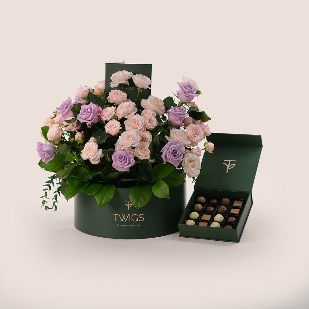 Violet Hues Mother's Day Flower Box & Artisan Chocolate – Grande Floral Indulgence