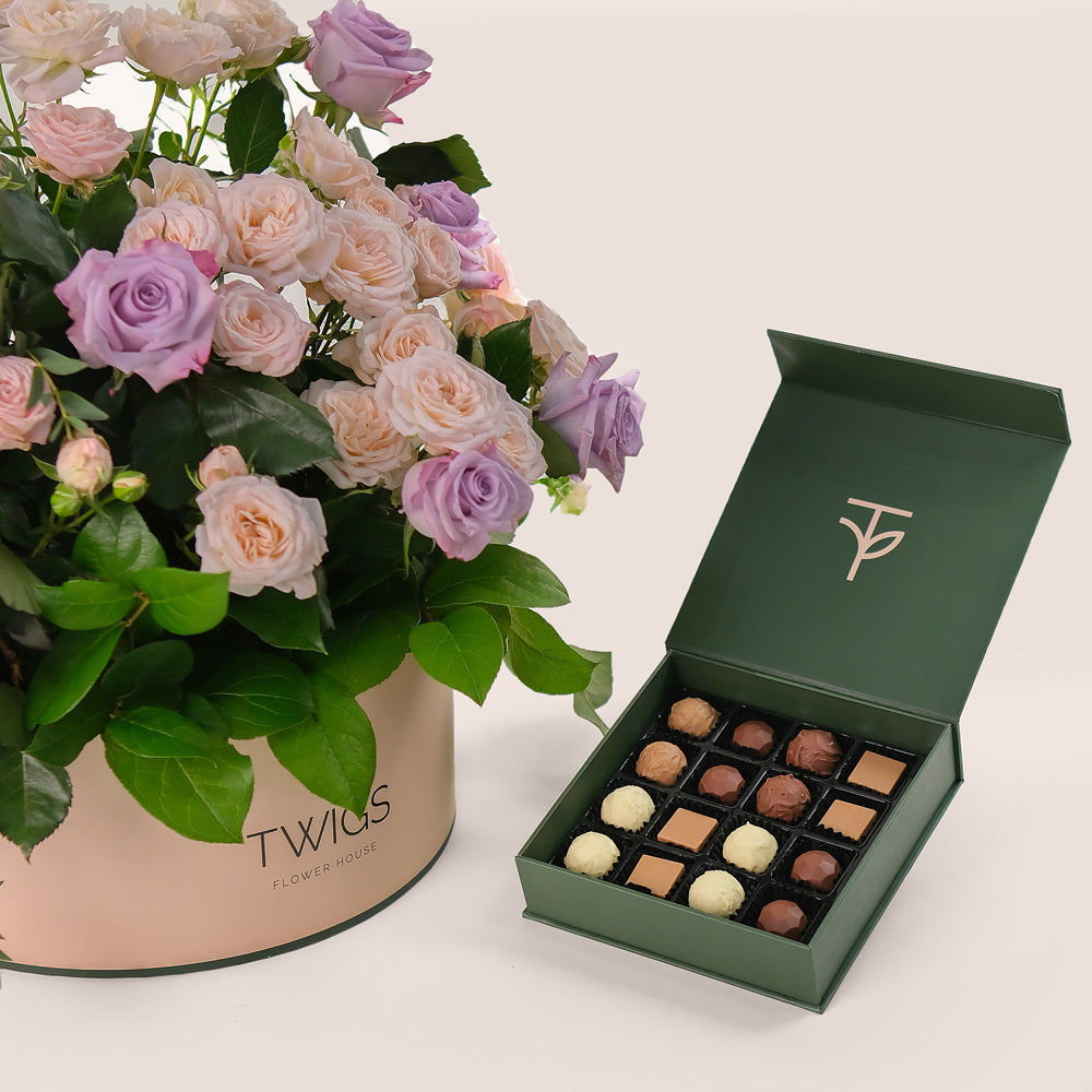 Violet Hues Mother's Day Flower Box & Artisan Chocolate – Grande Floral Indulgence