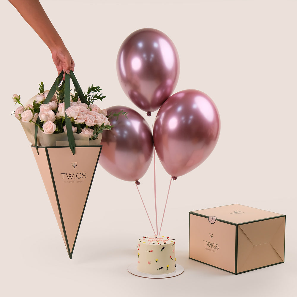 Blush Celebration Bundle – Flowers, Balloons & Cake - A Perfect Birthday Surprise