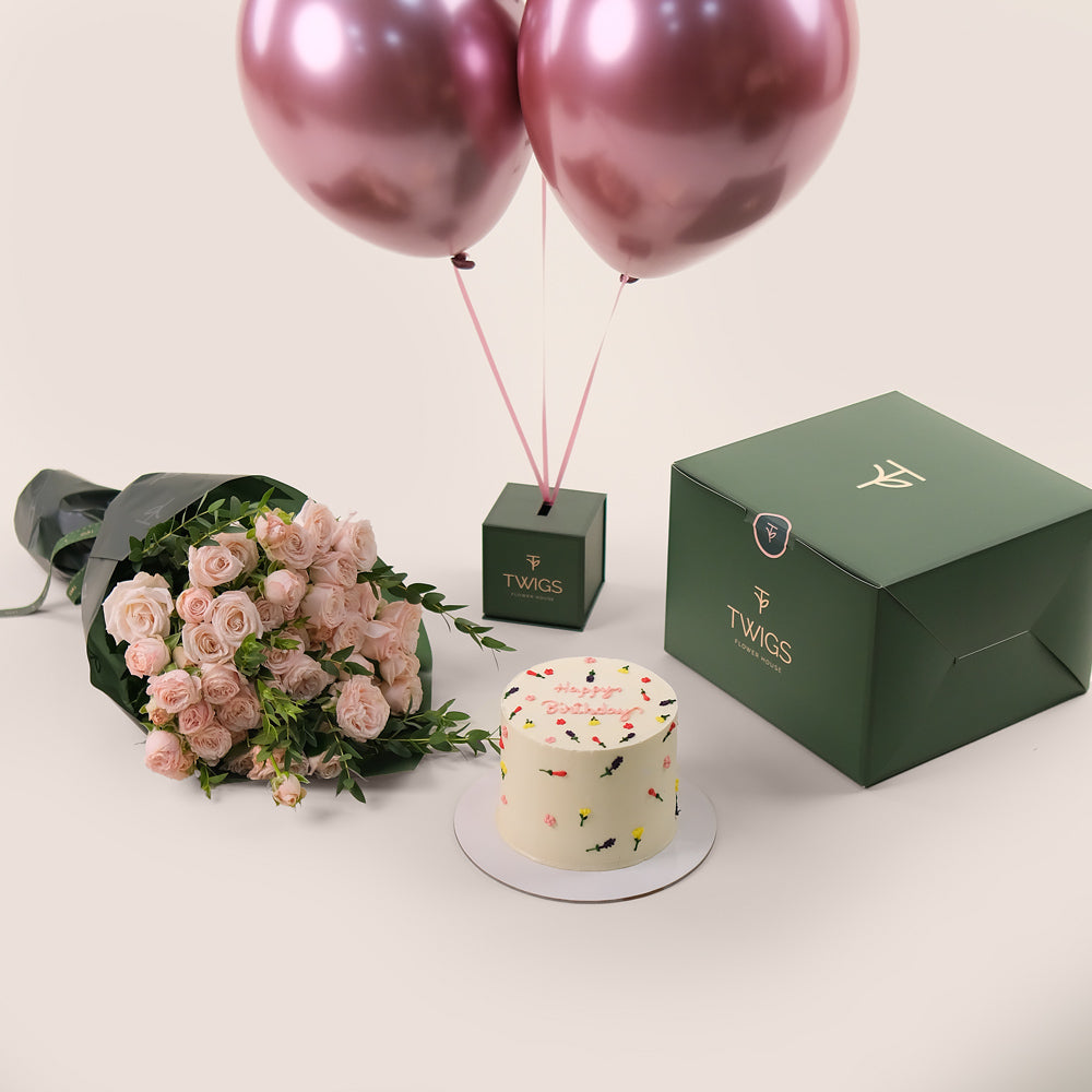 Blush Celebration Bundle – Flowers, Balloons & Cake - A Perfect Birthday Surprise