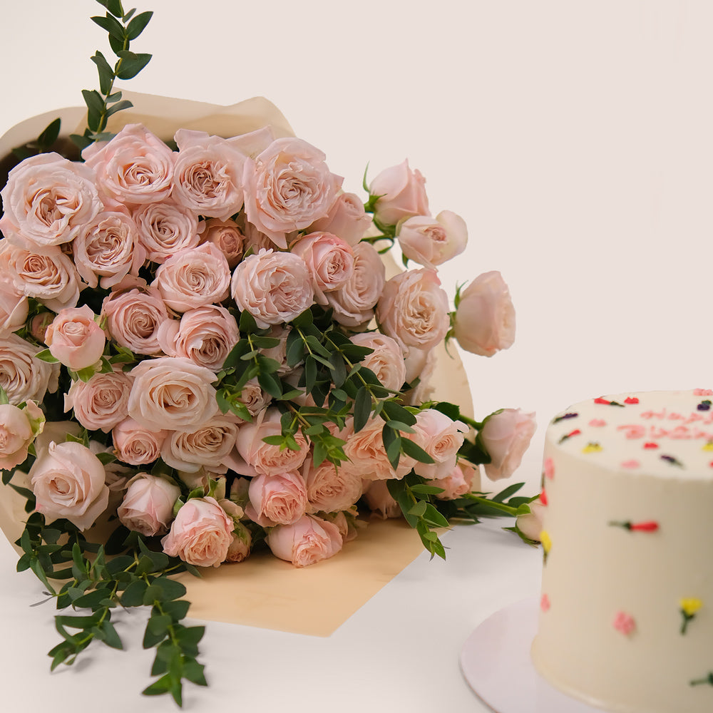 Blush Celebration Bundle – Flowers, Balloons & Cake - A Perfect Birthday Surprise