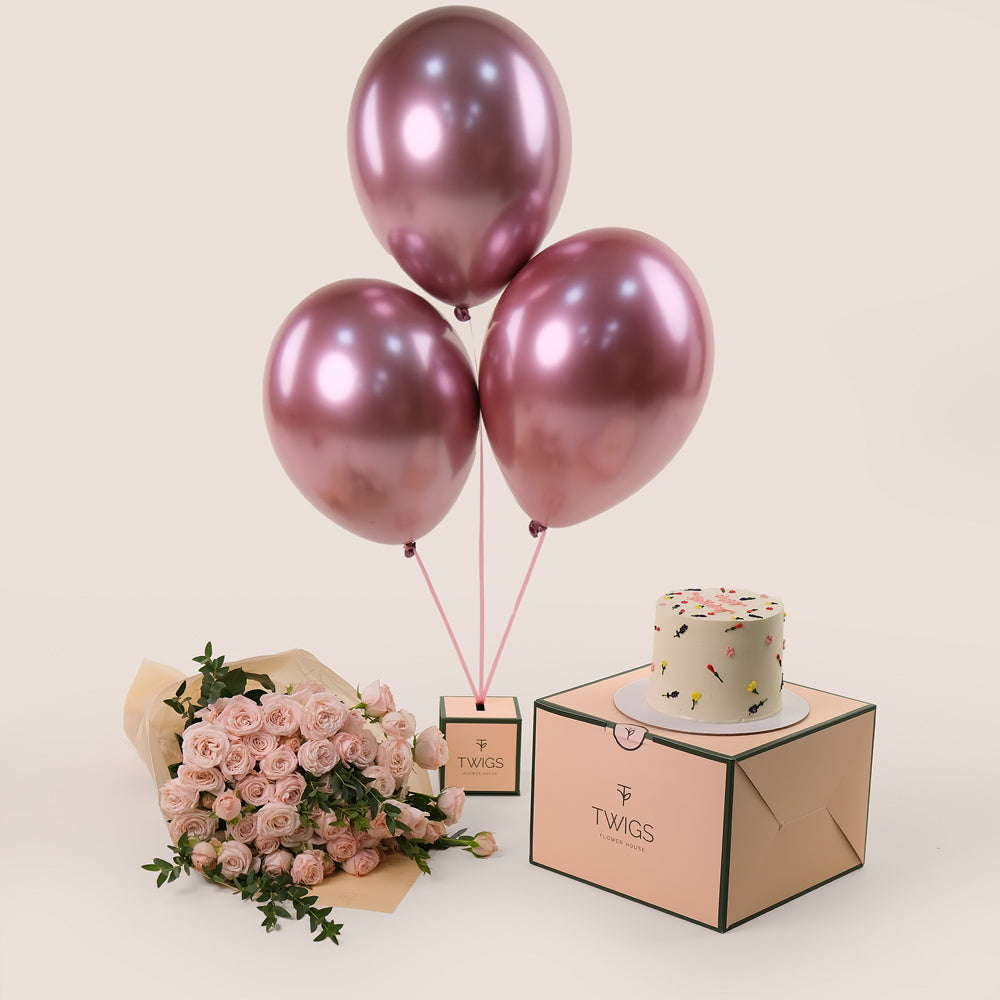 Blush Celebration Bundle – Flowers, Balloons & Cake - A Perfect Birthday Surprise