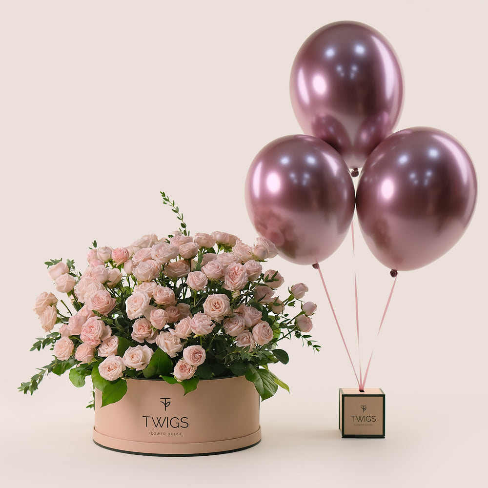 Grande Pink Round Box Elegance Bundle – Roses & Balloons for Special Moments - A Cheerful Gift for Every Occasion