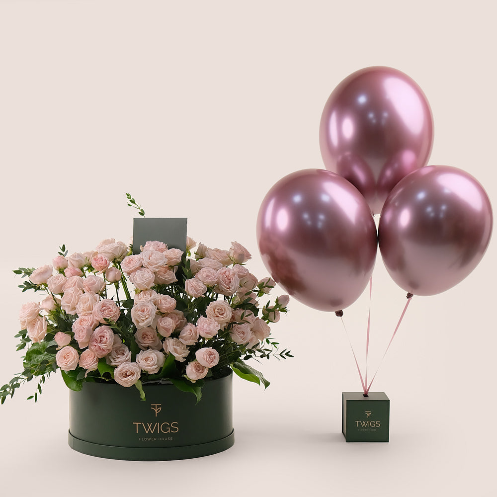 Grande Pink Round Box Elegance Bundle – Roses & Balloons for Special Moments - A Cheerful Gift for Every Occasion