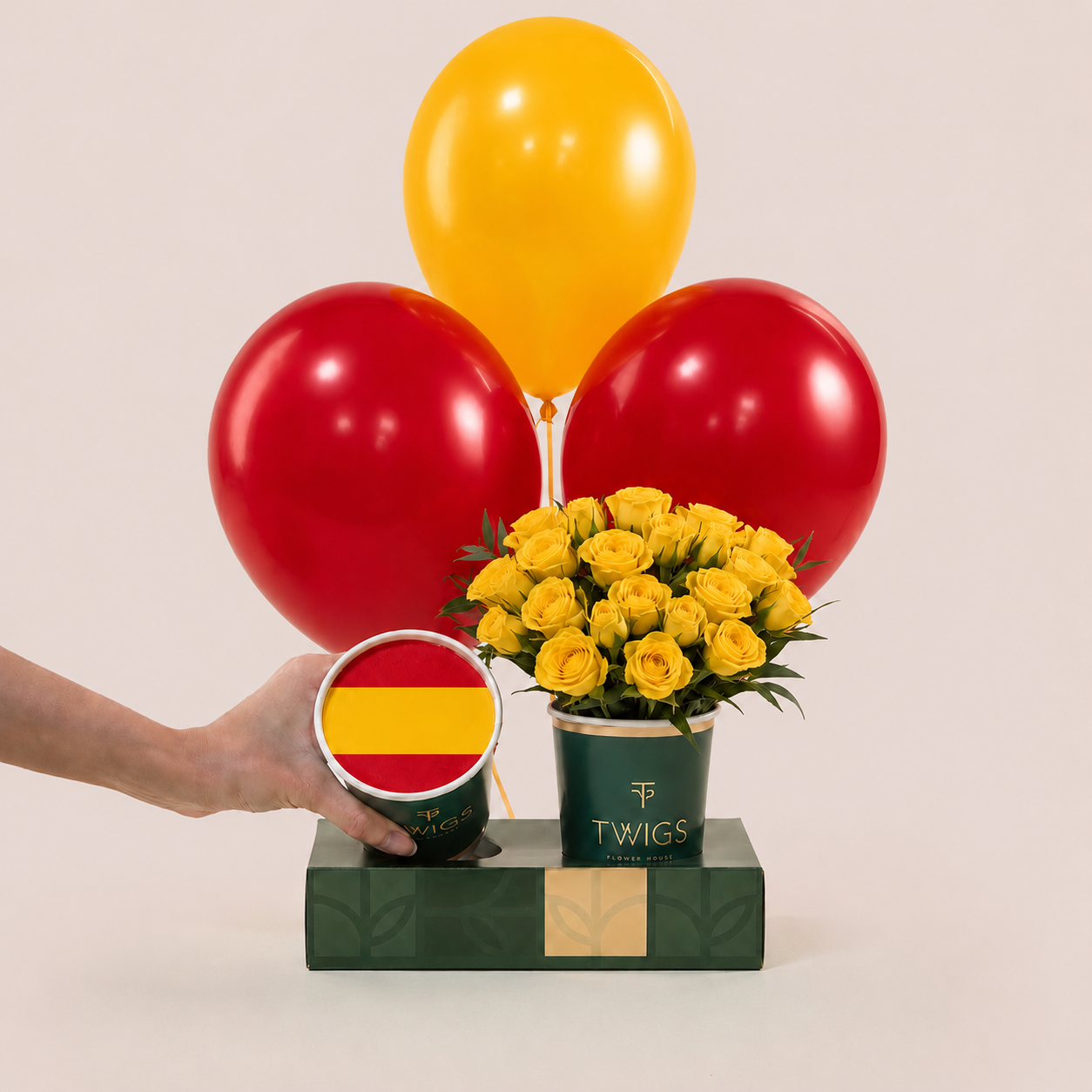 FIFA Spain: Yellow rose bouquet with red and gold balloons and Spain flag  cake cup, TWIGS Flower House