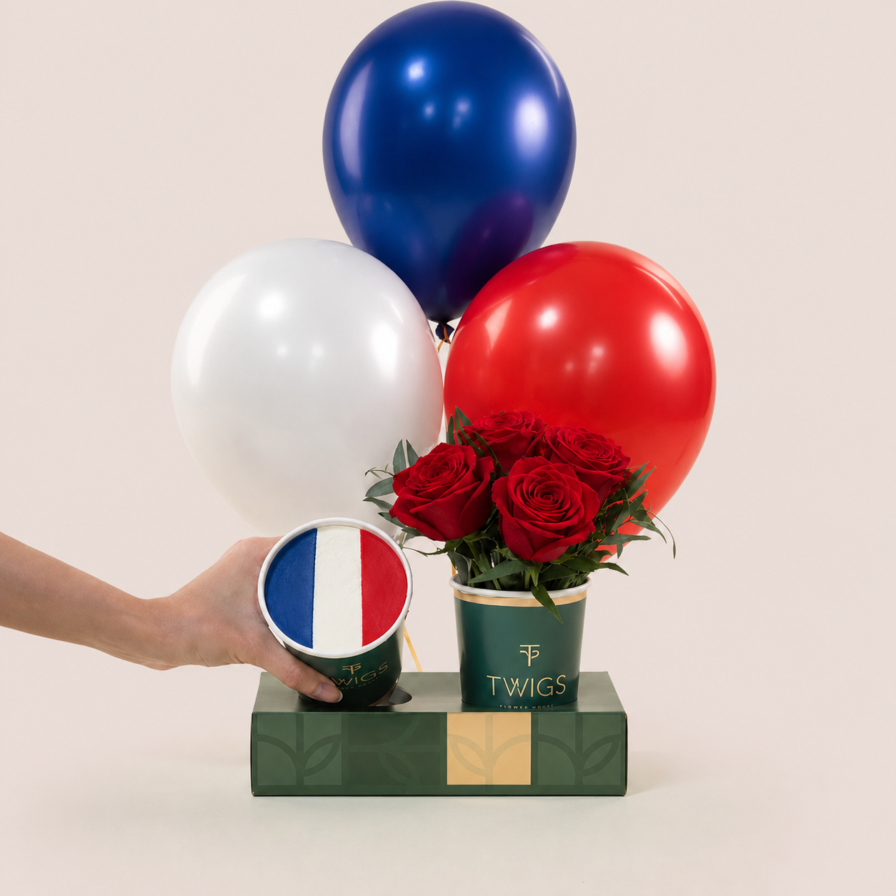 FIFA France: Red rose bouquet with navy, white and red balloons and France cake cup, TWIGS Flower House