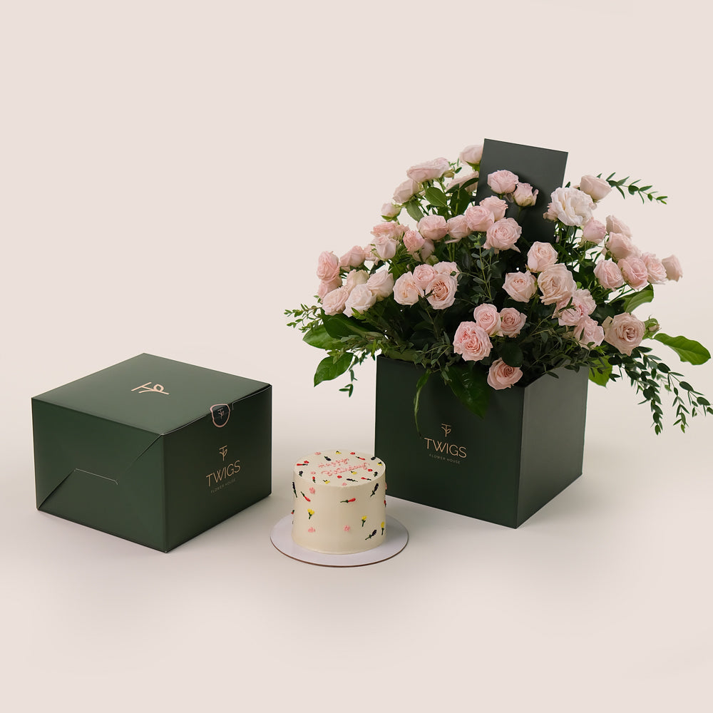 Birthday Bloom Bundle – Bombastic Roses & Celebration Cake - Celebrate with Elegance and Sweetness