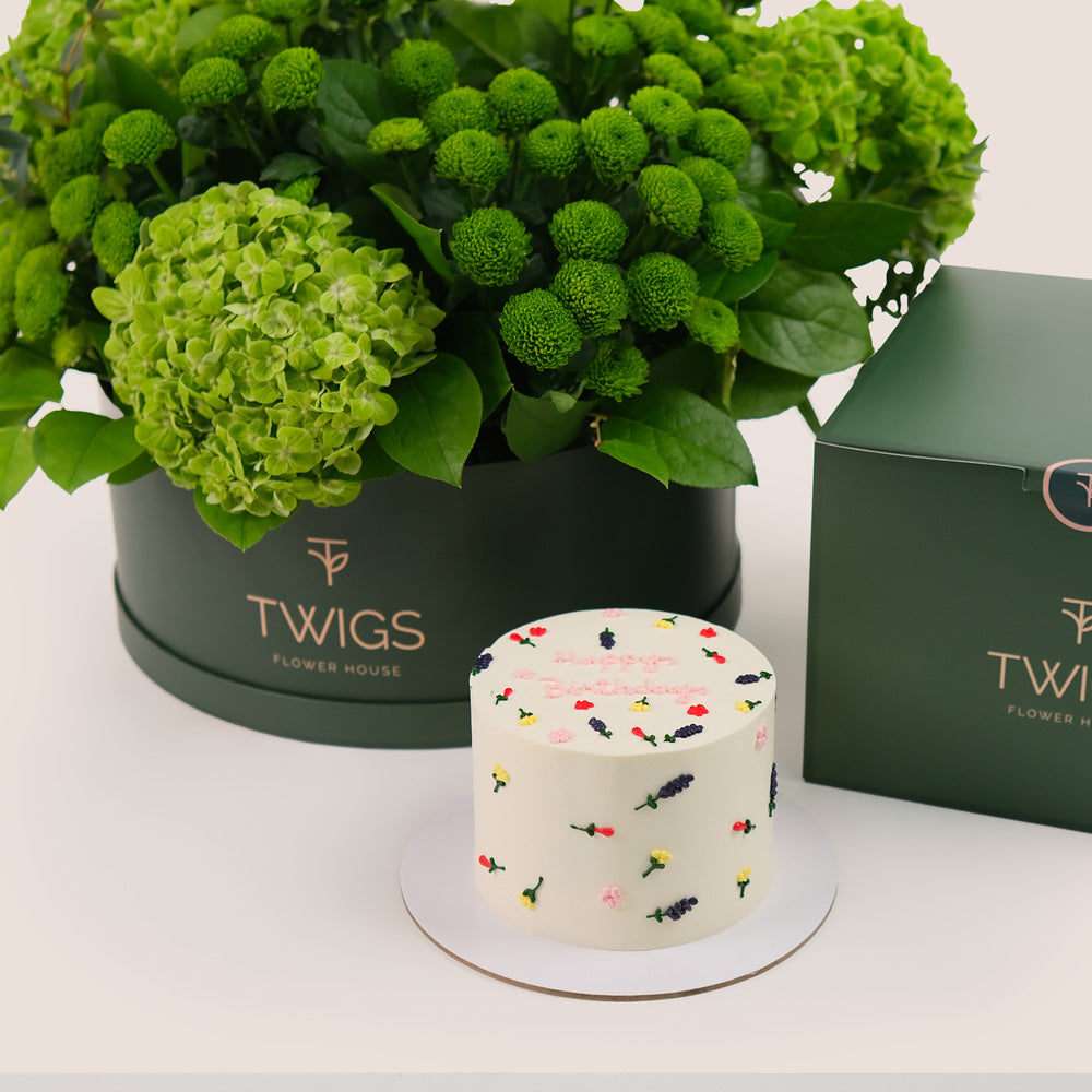 Grande Flowers Round Box & Birthday Cake Bundle – A Perfect Harmony of Freshness and Sweet Celebration