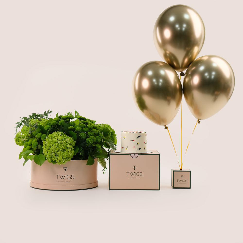 Grande Flowers Round Box, Cake & Balloons Bundle – A Perfect Blend of Freshness, Celebration, and Sweetness