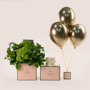 Green Birthday Bliss Cube Box Green Chrysanthemums, Hydrangea Flowers & Cake & Balloons Bundle