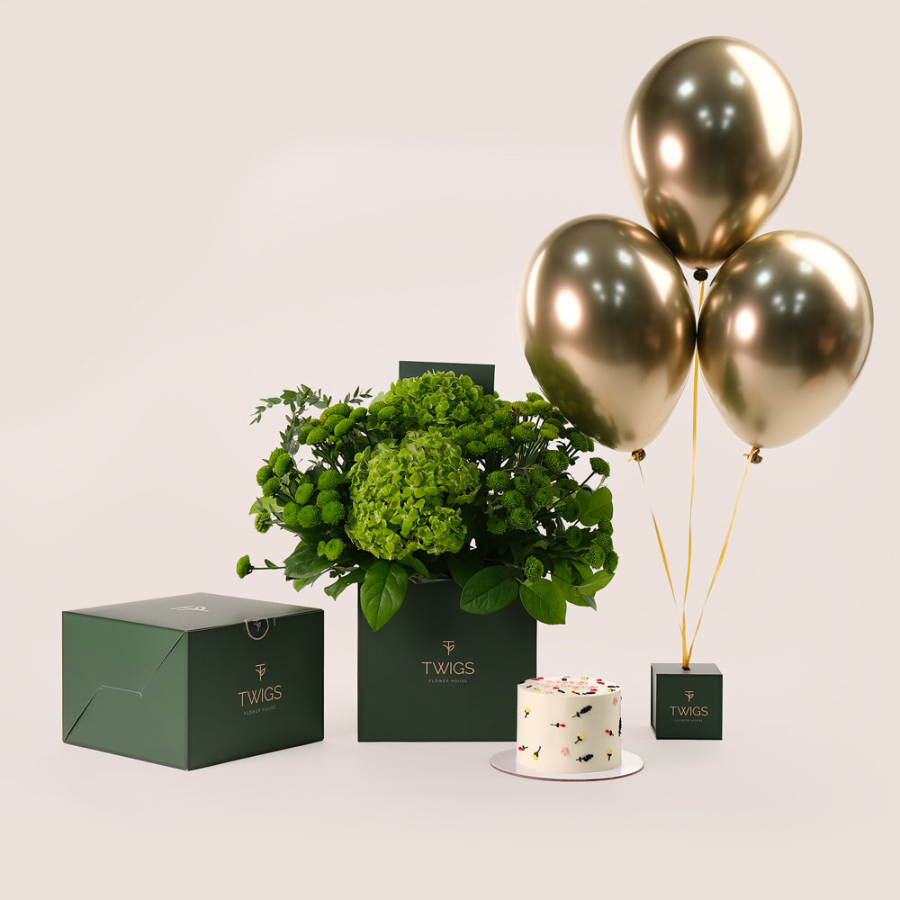 Green Birthday Bliss Cube Box Green Chrysanthemums, Hydrangea Flowers & Cake & Balloons Bundle