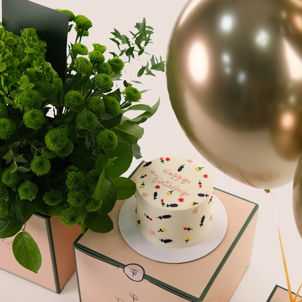 Green Birthday Bliss Cube Box Green Chrysanthemums, Hydrangea Flowers & Cake & Balloons Bundle