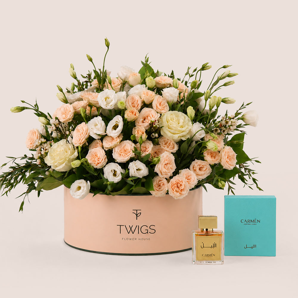 Ivory Bloom Grande flower box with Al Lil perfume by Carmen Perfumes Dubai