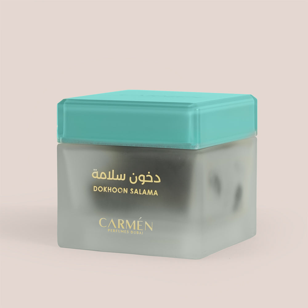 Dokhoon Salama bakhoor jar with teal lid by Carmen Perfumes Dubai