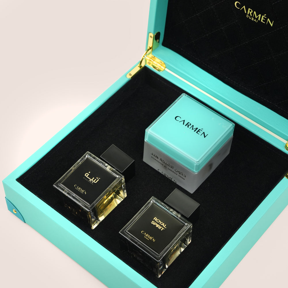 Carmen Gift Box Season with Dokhoon Al Sheikha Hend, Royal Spirit, and Labaih Black perfumes in turquoise box